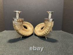 Pair of Vintage Authentic Rams Horn & Silver Candleholders