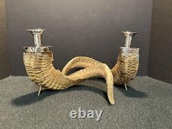 Pair of Vintage Authentic Rams Horn & Silver Candleholders