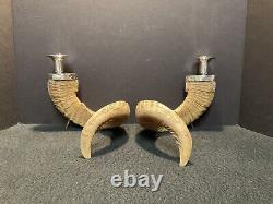 Pair of Vintage Authentic Rams Horn & Silver Candleholders