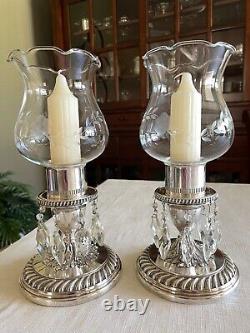 Pair of Vintage Candle Holders Silver Base with Crystal Pendants
