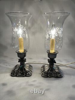 Pair of Vintage Cephas B Rogers Silver Plate Electric Hurricane Mantle Lamps