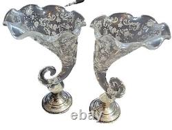 Pair of Vintage Cornucopia Cut Glass Vases with Sterling Silver By CAMBRIDGE
