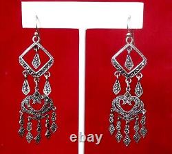 Pair of Vintage Drop/Dangle Sterling Silver & Marcasite Earrings/Hippie