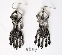 Pair of Vintage Drop/Dangle Sterling Silver & Marcasite Earrings/Hippie
