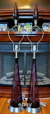 Pair of Vintage Empoli/Murano Purple Genie Bottle Lamps with Blown Glass Finials