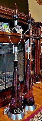 Pair of Vintage Empoli/Murano Purple Genie Bottle Lamps with Blown Glass Finials