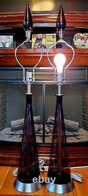 Pair of Vintage Empoli/Murano Purple Genie Bottle Lamps with Blown Glass Finials