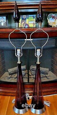 Pair of Vintage Empoli/Murano Purple Genie Bottle Lamps with Blown Glass Finials