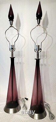 Pair of Vintage Empoli/Murano Purple Genie Bottle Lamps with Blown Glass Finials