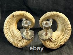 Pair of Vintage Genuine Ram Horn Candle Holders Mexico City Sterling Silver VG