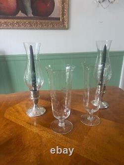 Pair of Vintage Hurricane Gorham Sterling Silver Candle Holders W Etched Glass