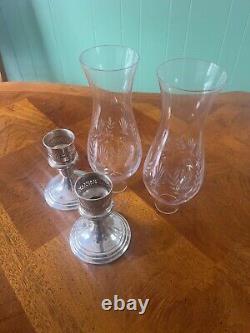 Pair of Vintage Hurricane Gorham Sterling Silver Candle Holders W Etched Glass