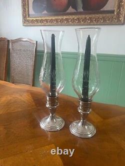 Pair of Vintage Hurricane Gorham Sterling Silver Candle Holders W Etched Glass