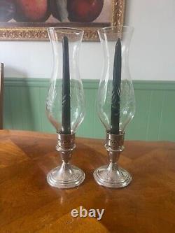 Pair of Vintage Hurricane Gorham Sterling Silver Candle Holders W Etched Glass