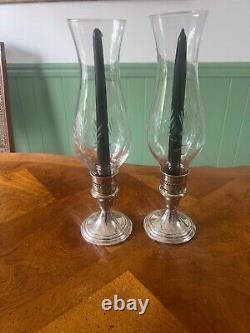 Pair of Vintage Hurricane Gorham Sterling Silver Candle Holders W Etched Glass