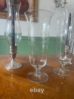 Pair of Vintage Hurricane Gorham Sterling Silver Candle Holders W Etched Glass