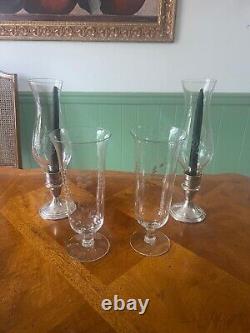 Pair of Vintage Hurricane Gorham Sterling Silver Candle Holders W Etched Glass