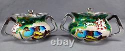 Pair of Vintage Korean 99% Silver Cloisonne Enamel Ducks Flowers Condiment Jars