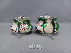 Pair of Vintage Korean 99% Silver Cloisonne Enamel Ducks Flowers Condiment Jars