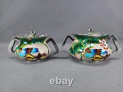 Pair of Vintage Korean 99% Silver Cloisonne Enamel Ducks Flowers Condiment Jars