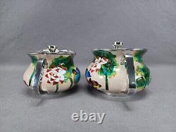 Pair of Vintage Korean 99% Silver Cloisonne Enamel Ducks Flowers Condiment Jars