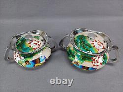 Pair of Vintage Korean 99% Silver Cloisonne Enamel Ducks Flowers Condiment Jars