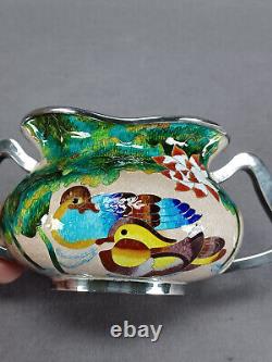 Pair of Vintage Korean 99% Silver Cloisonne Enamel Ducks Flowers Condiment Jars