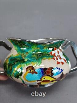 Pair of Vintage Korean 99% Silver Cloisonne Enamel Ducks Flowers Condiment Jars