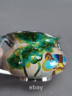 Pair of Vintage Korean 99% Silver Cloisonne Enamel Ducks Flowers Condiment Jars