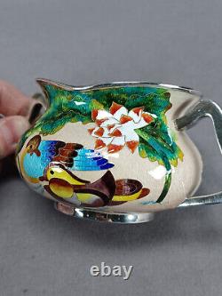 Pair of Vintage Korean 99% Silver Cloisonne Enamel Ducks Flowers Condiment Jars