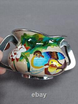 Pair of Vintage Korean 99% Silver Cloisonne Enamel Ducks Flowers Condiment Jars