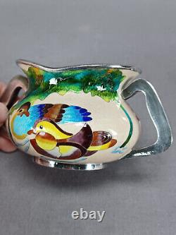 Pair of Vintage Korean 99% Silver Cloisonne Enamel Ducks Flowers Condiment Jars