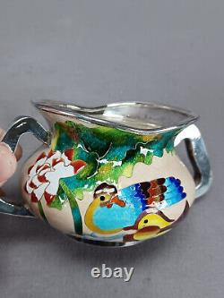 Pair of Vintage Korean 99% Silver Cloisonne Enamel Ducks Flowers Condiment Jars
