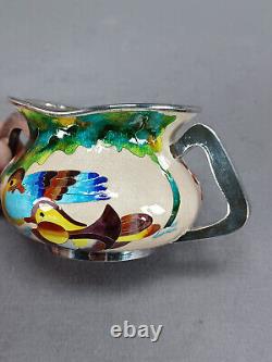 Pair of Vintage Korean 99% Silver Cloisonne Enamel Ducks Flowers Condiment Jars