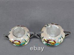 Pair of Vintage Korean 99% Silver Cloisonne Enamel Ducks Flowers Condiment Jars