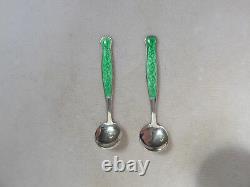 Pair of Vintage Meka Sterling Silver Emerald Green Salt Cellars with Spoons
