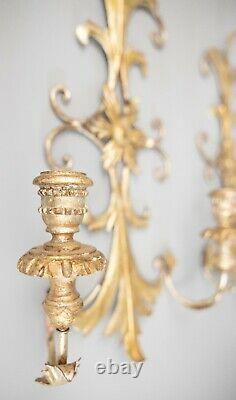 Pair of Vintage Mid-Century Italian Silver Gilt Tole Candle Candelabra Sconces