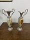 Pair Of Vintage Onyx & Silver Tone Urn Style Vases 14.25 Tall