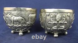 Pair of Vintage Oriental Silver Repousse Spice footed Bowl