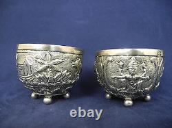 Pair of Vintage Oriental Silver Repousse Spice footed Bowl