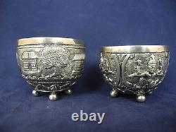 Pair of Vintage Oriental Silver Repousse Spice footed Bowl