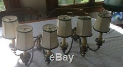 Pair of Vintage Ornate Silver Brass Three-Arm Double Wall Sconces Lights
