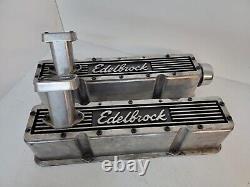 Pair of Vintage SBC Edelbrock Elite Tall Aluminum Valve Covers & Breathers