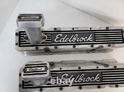 Pair of Vintage SBC Edelbrock Elite Tall Aluminum Valve Covers & Breathers