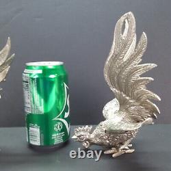 Pair of Vintage Silver Plate Fighting Cock / Rooster Sculptures Ornament