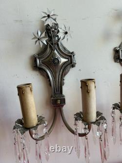Pair of Vintage Silver Plated Crystal Wall Sconces Restored
