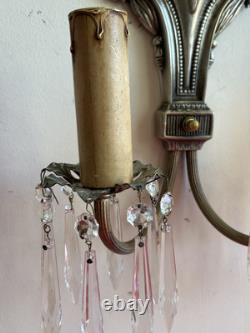 Pair of Vintage Silver Plated Crystal Wall Sconces Restored