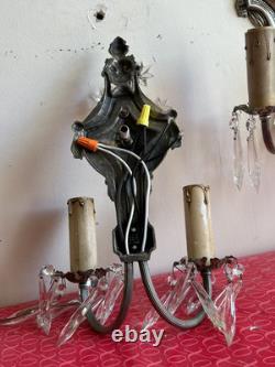 Pair of Vintage Silver Plated Crystal Wall Sconces Restored