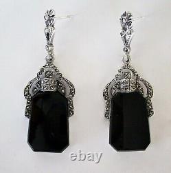 Pair of Vintage Sterling Silver & Black Onyx Earrings With Marcasite