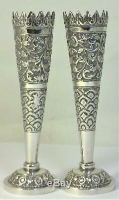 Pair of Vintage Sterling Silver Bud / Posy Vases (Indian Kutch Style) 5.3